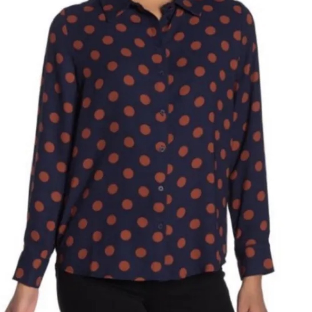 Halogen Plus Size Navy Polka Dot Long Sleeve Button Up Shirt 3X